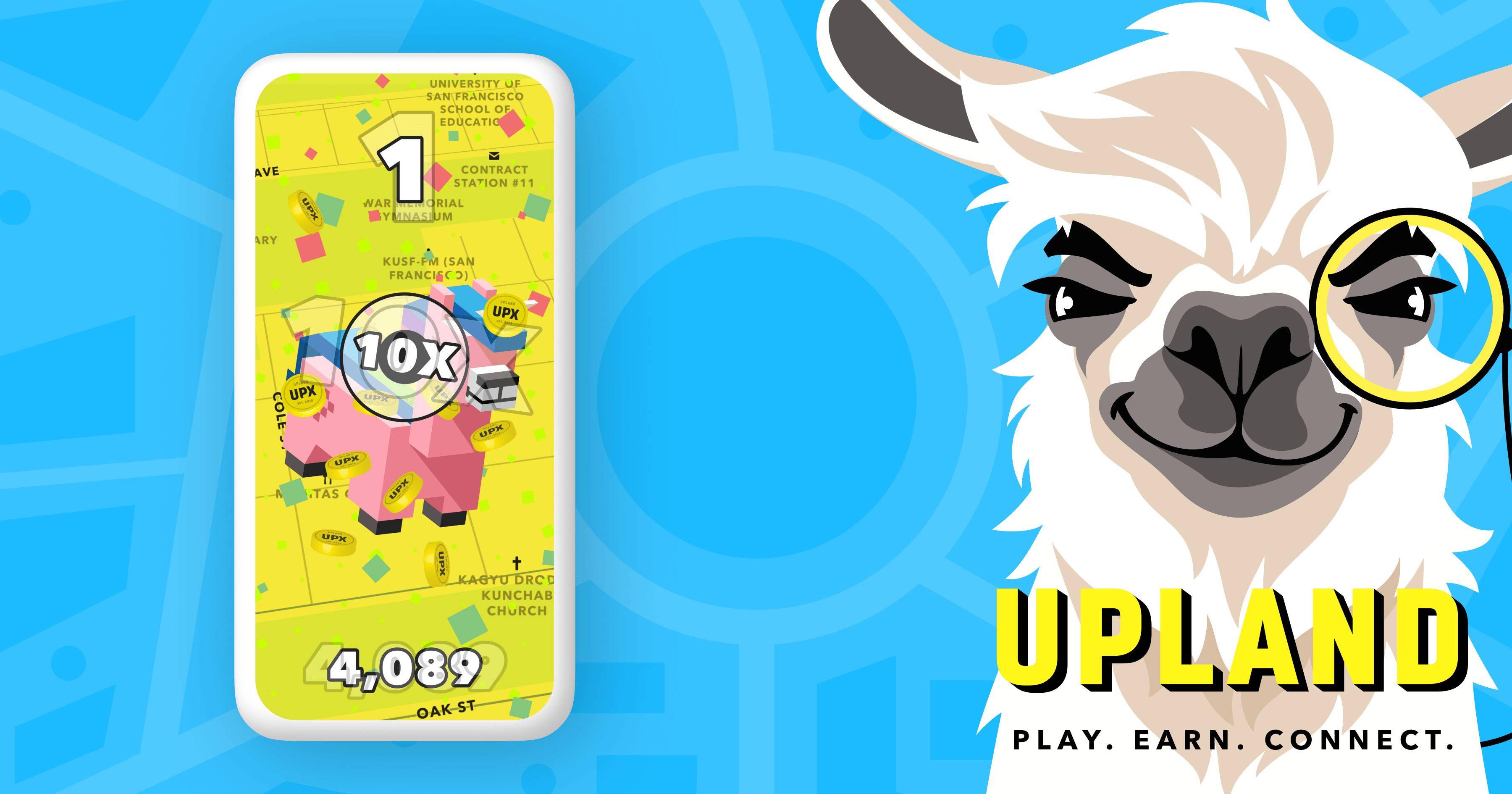 Upland: Play. Earn. Connect. Picture of Llama and app interface