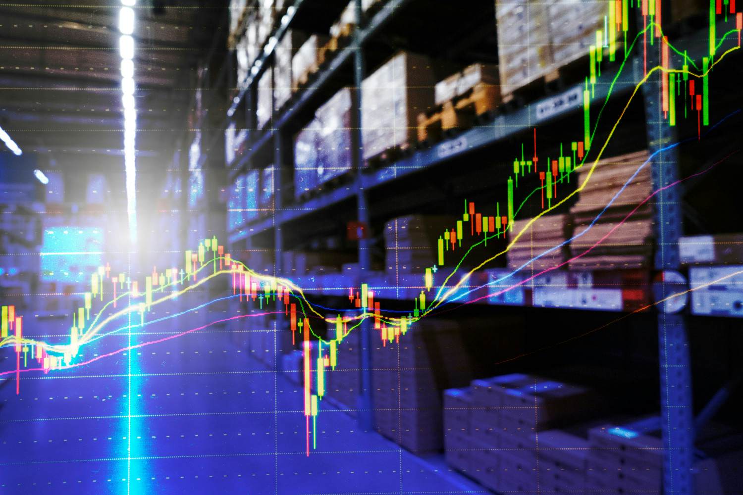 Financial graphs data overlay over warehouse