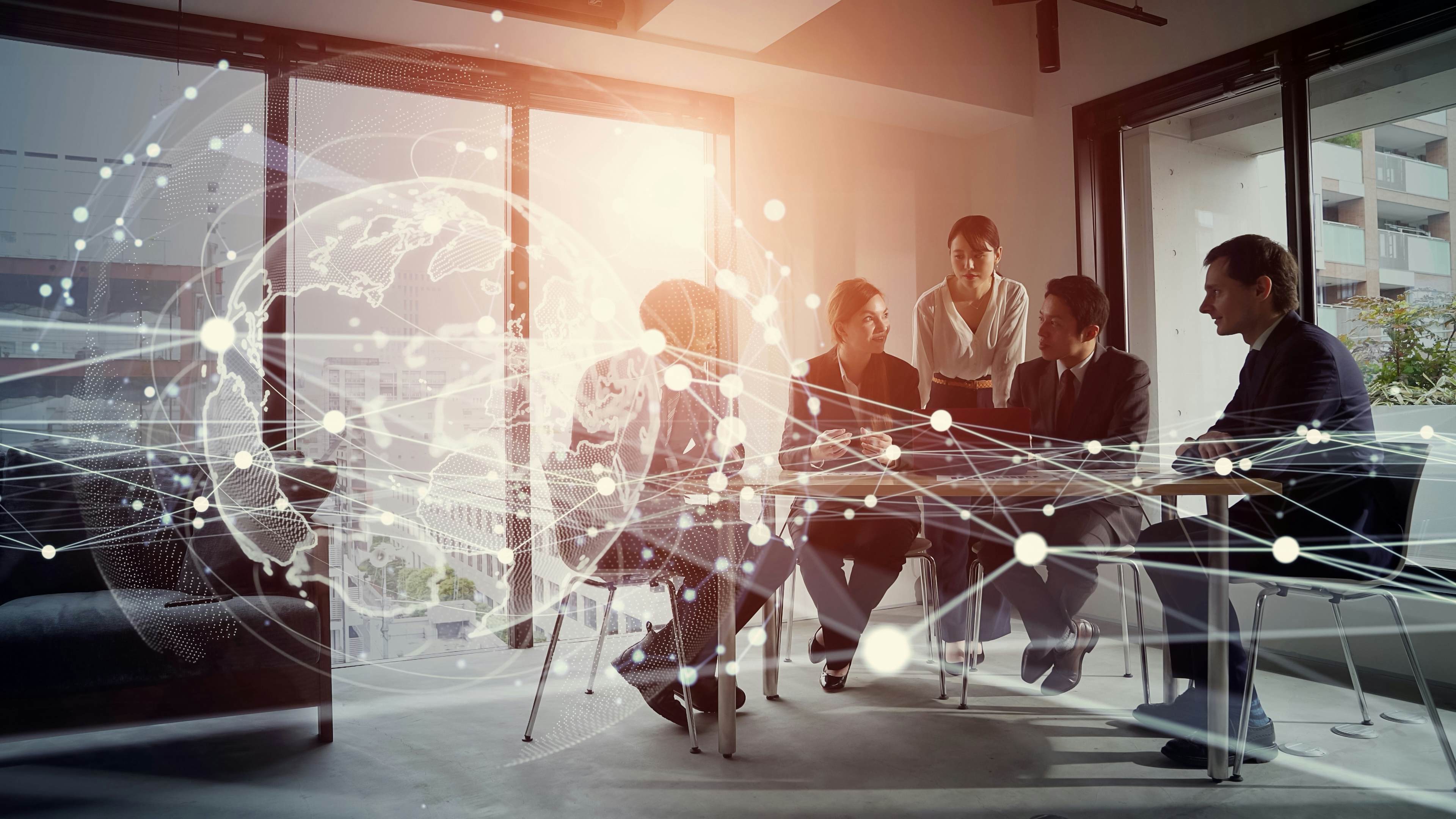 Business meeting with overlay of global network