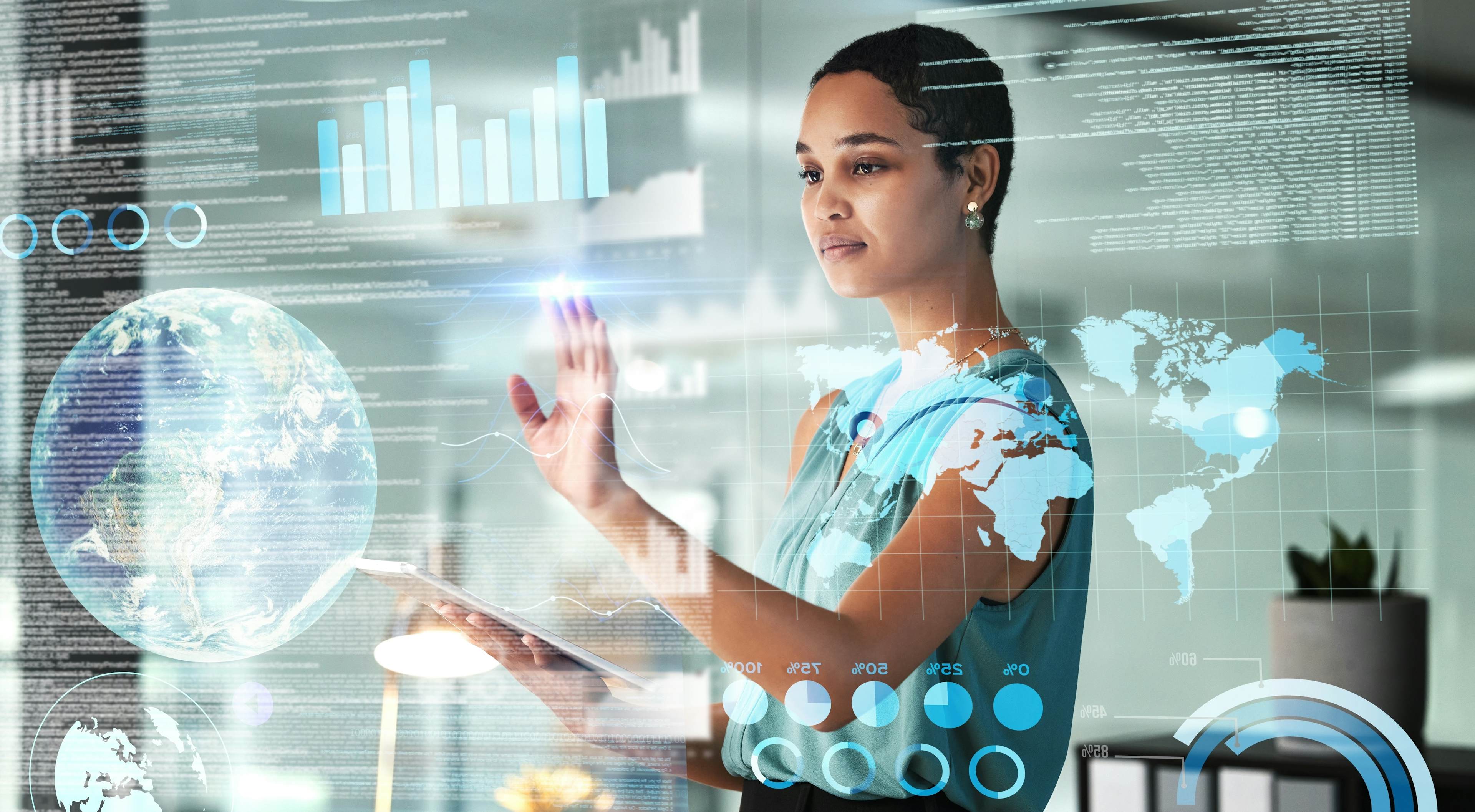 Businesswoman interacting with futuristic digital interface displaying global data and analytics.