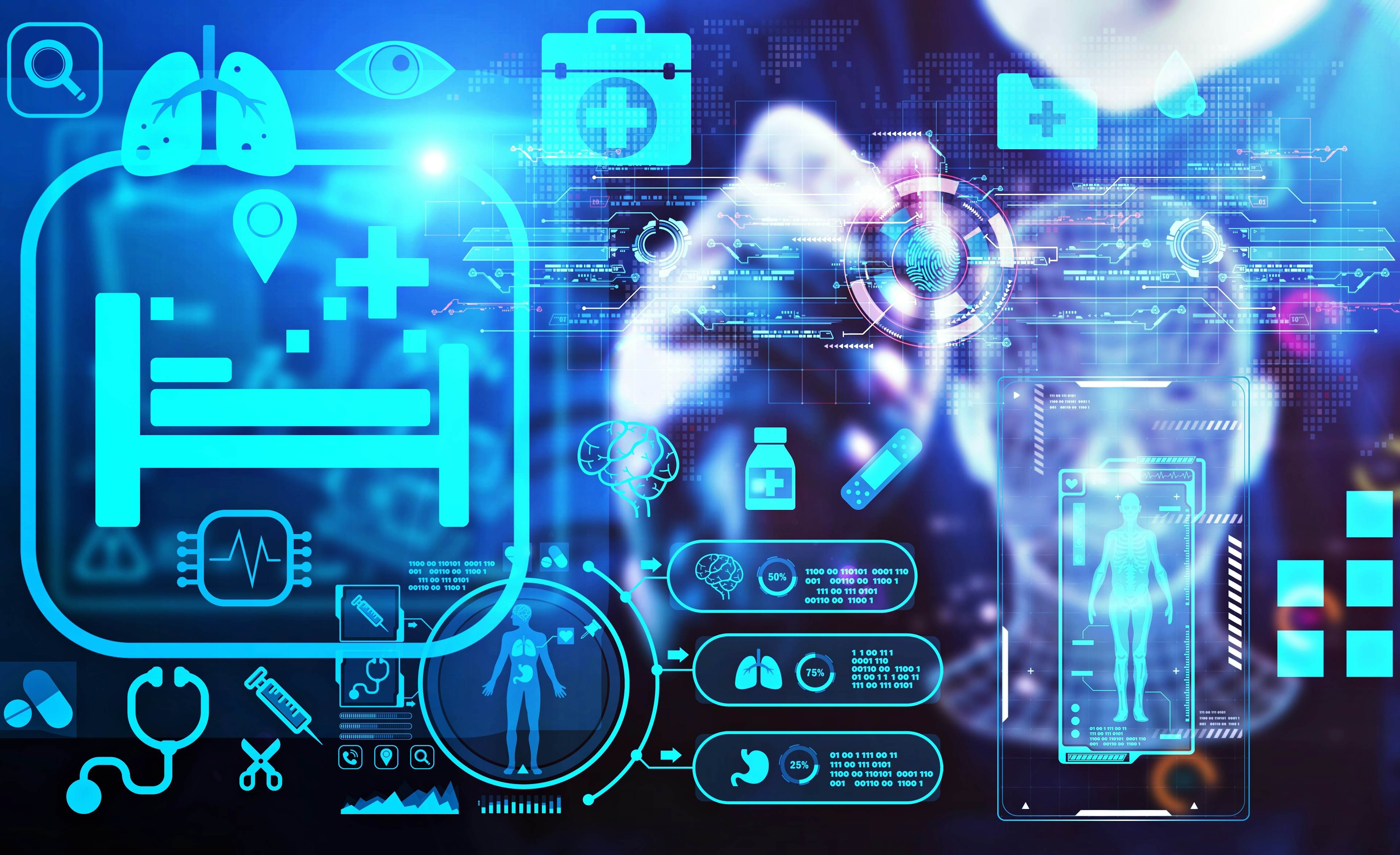 Futuristic digital interface showing hospital bed, medical data, diagnostics, and healthcare technology icons.
