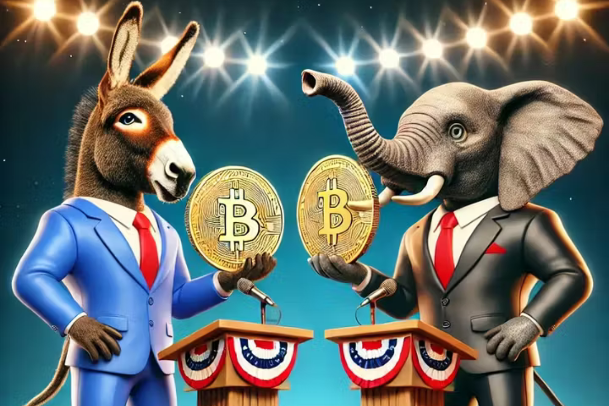 A donkey and elephant debate cryptocurrency, symbolizing political parties discussing Bitcoin under bright stage lights.
