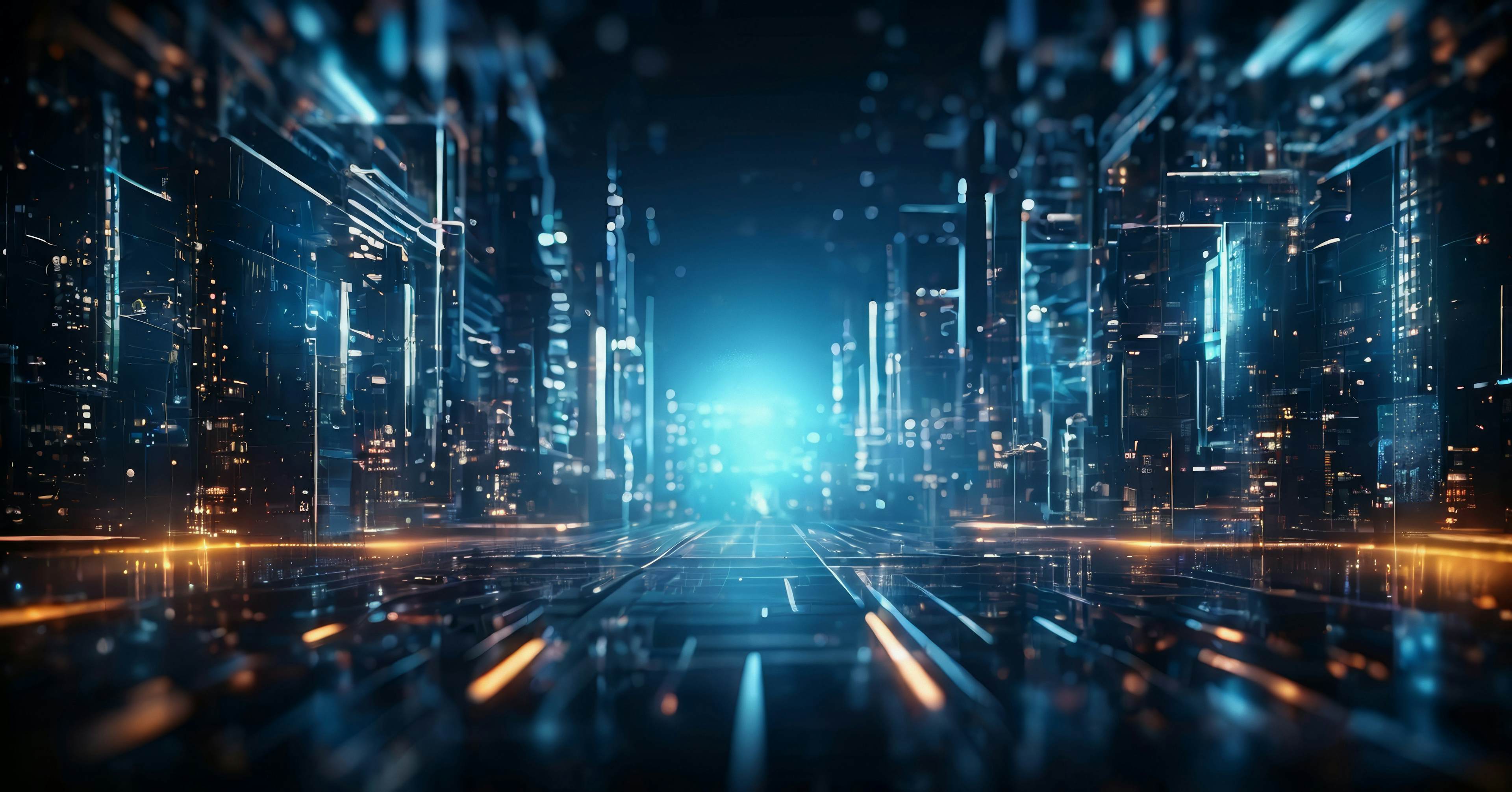 Futuristic digital cityscape with glowing lights and abstract data structures in a cyber environment.