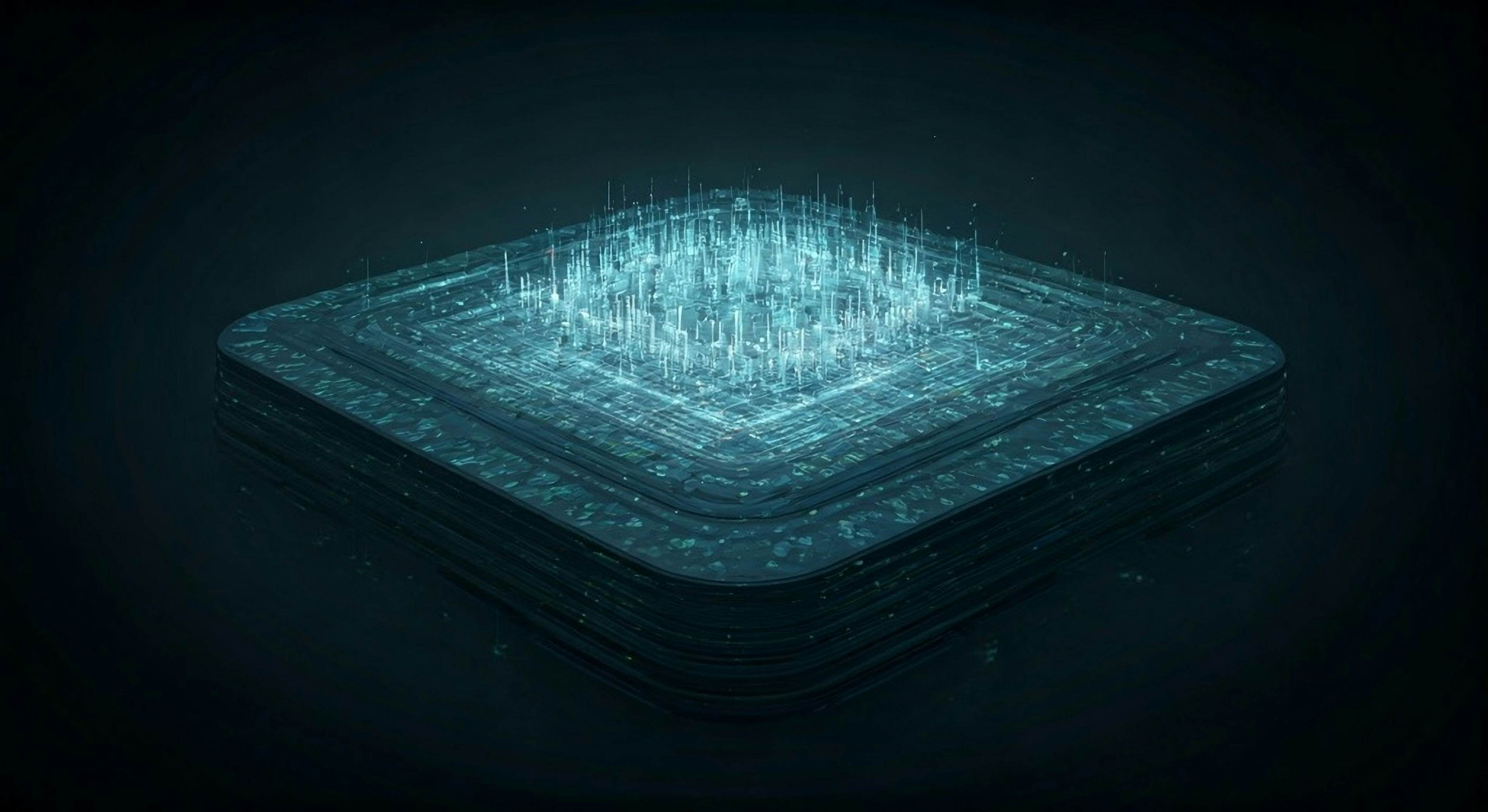 Futuristic glowing microchip emitting vertical data streams in a dark digital environment.