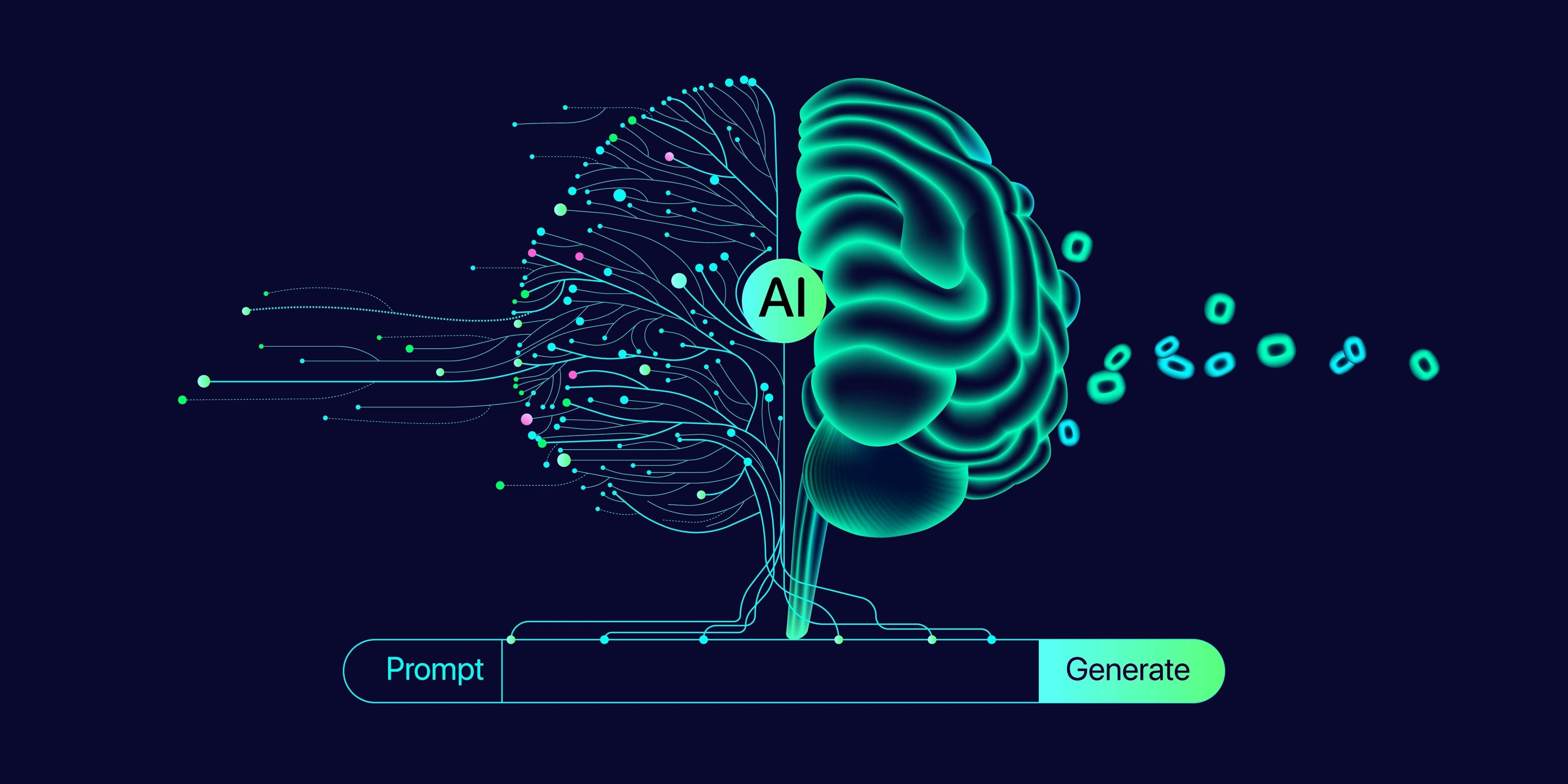 Abstract illustration of AI brain processing a prompt into generated digital outputs.