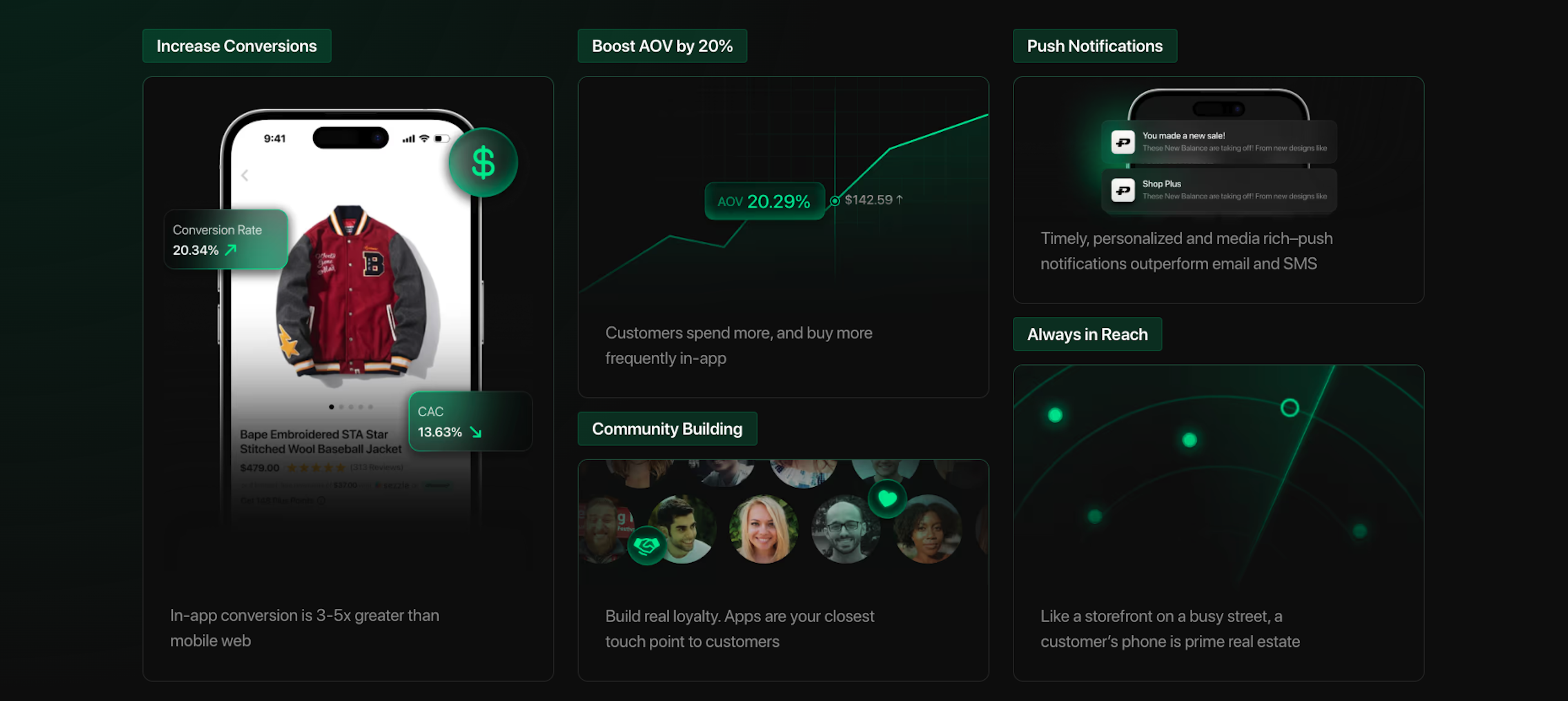 E-commerce dashboard showing benefits of in-app purchases, push notifications, and customer loyalty tools.