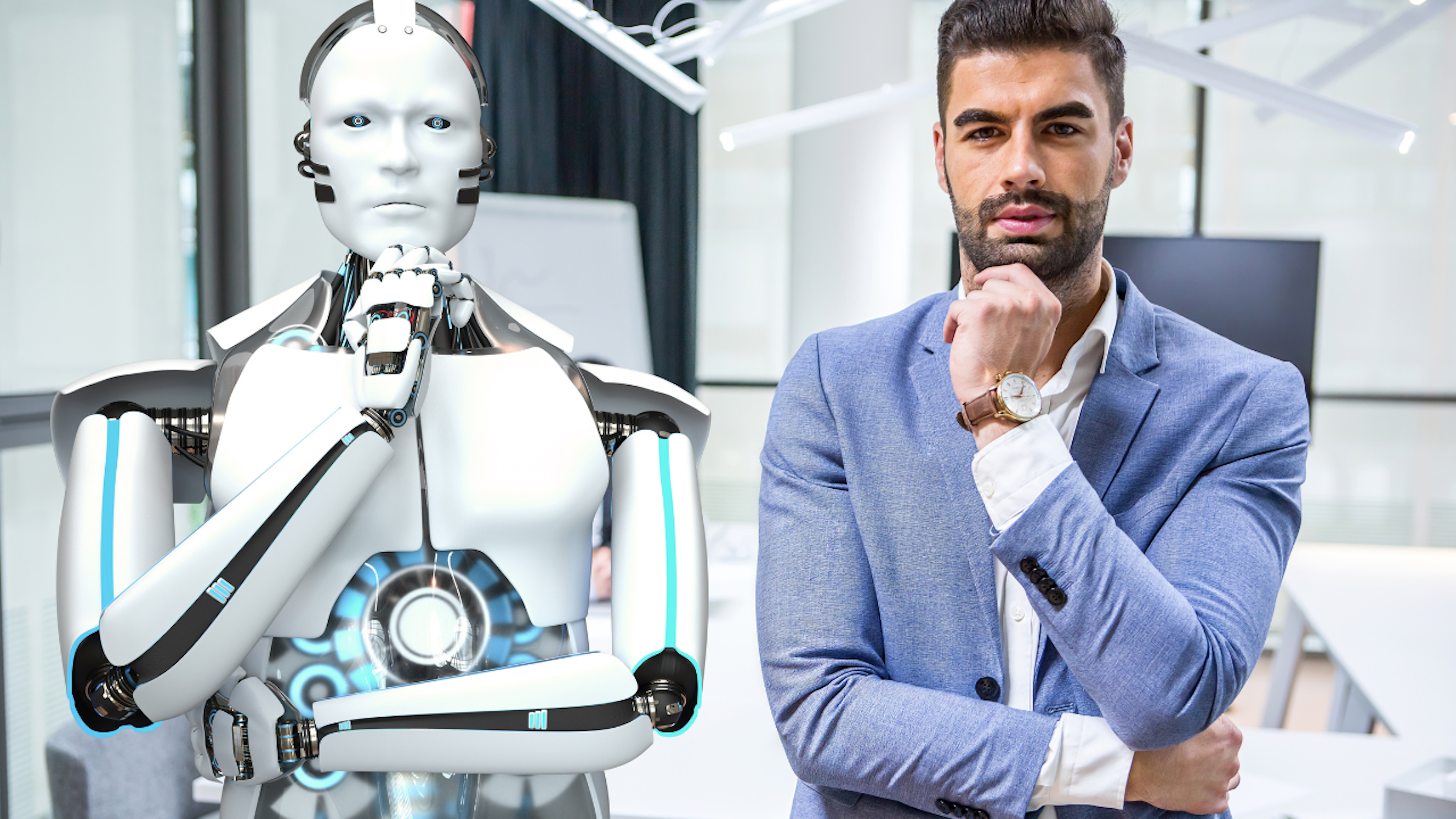 AI Robot standing next to human, imitating his pose