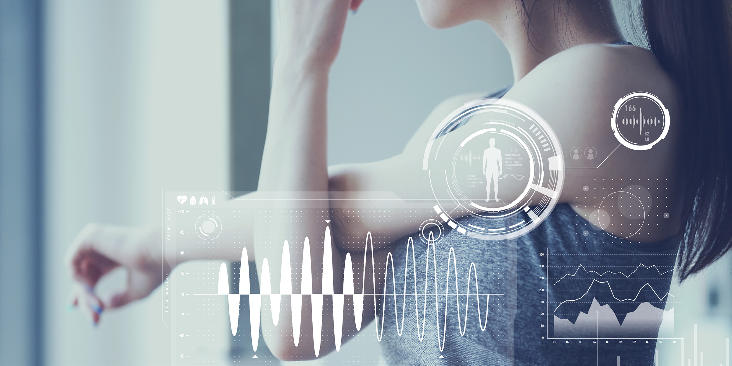 Woman in workout gear with digital health data overlay graphics.