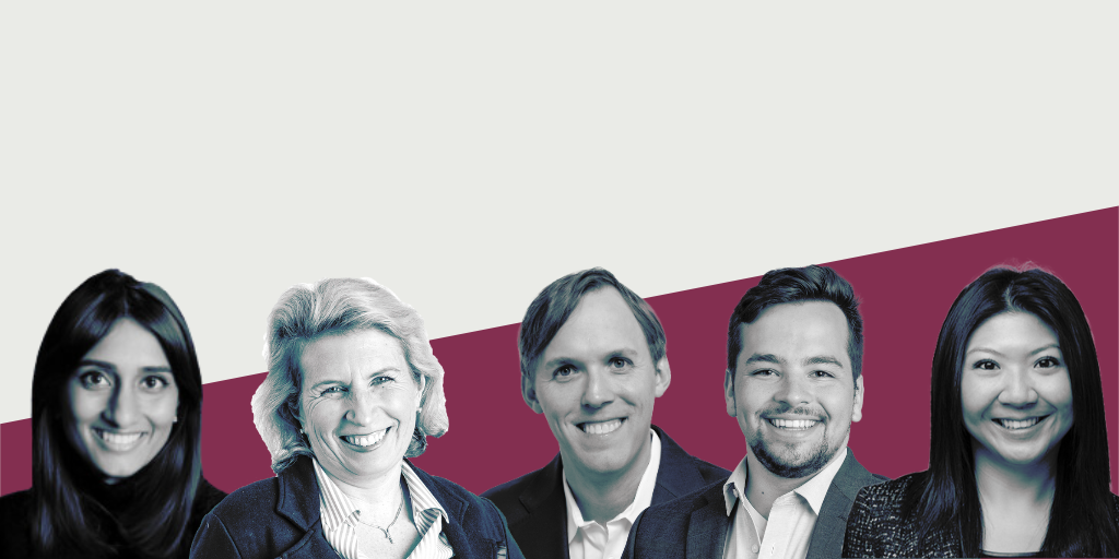 Five smiling professionals posed against a two-tone geometric background.