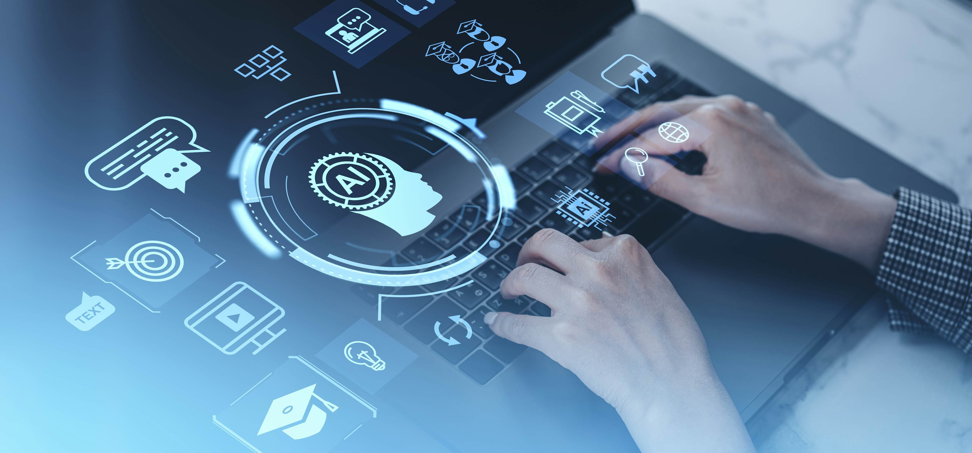 Hands typing on laptop with AI technology icons overlayed