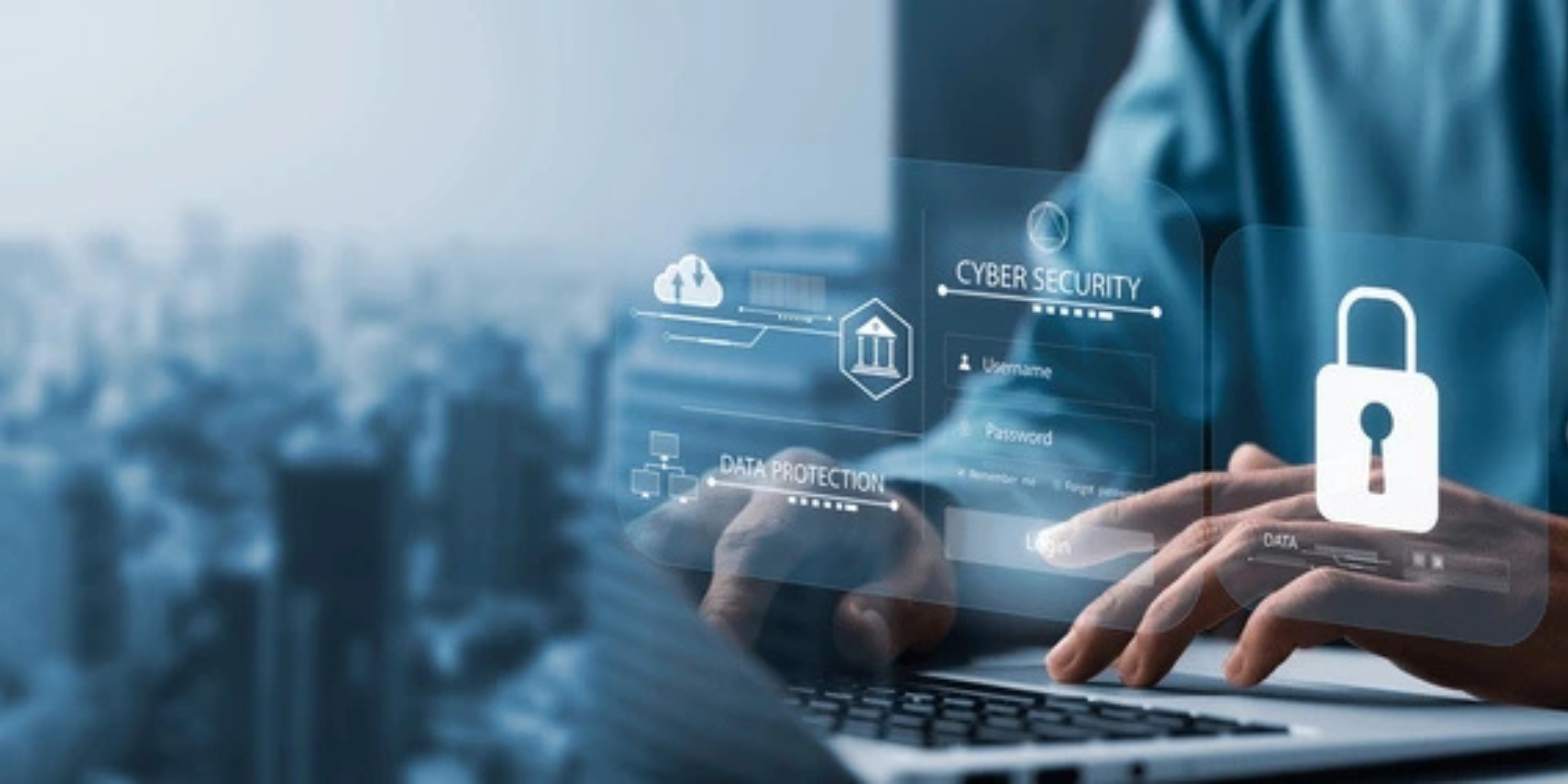 Person typing on computer with visuals popping up: "Cyber Security" "Data Protection"