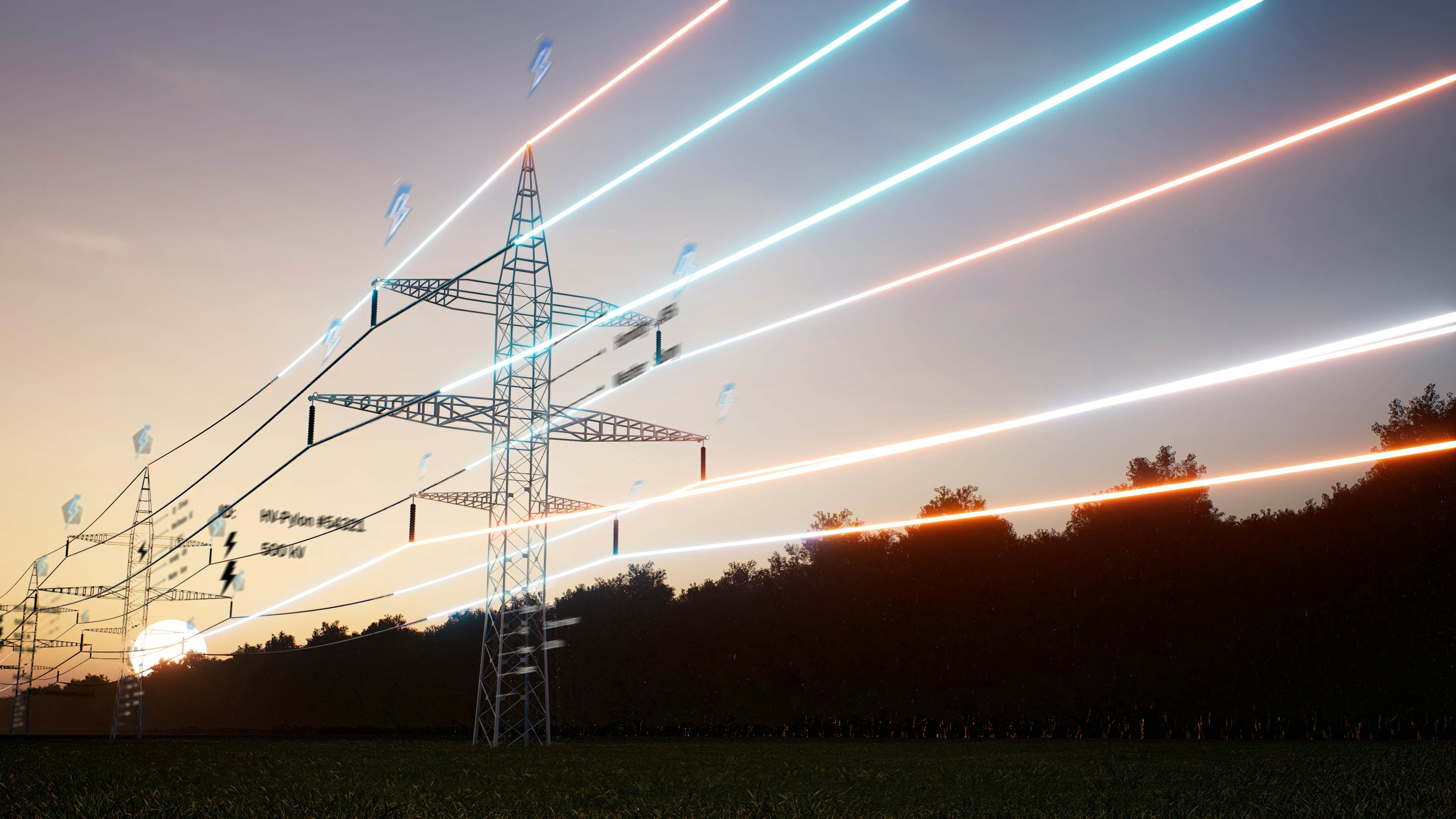 Power lines transmitting electricity with glowing energy streams at sunset